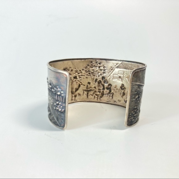 Antique Vintage Hans Jensen Silver Plate Repousse Cuff Bracelet Denmark Scene - Picture 4 of 6
